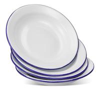 jojofuny 4pcs Enamel Plates 16cm Retro White Camping Plates with Blue Rim 16cm Shatter-Resistant Dinner Food Serving Platter Shallow Bowls for Picnic BBQ Caravan Pie Dish