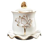 jojofuny Ceramic Water Offering Cup Embossed Water Lily Design Beige Round Ritual Bowl Home Decoration Meditation Unique Style Gemstones