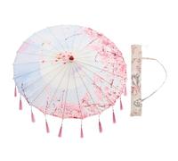 jojofuny Chinese Silk Cloth Tassel Umbrella 82cm with Pink Sakura Pattern and Carry Bag - Stage Performance Photography Prop, Traditional Chinese Dance Parasol for Festival Decor and Art