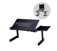 jojofuny Metal folding standing desk portable office desk for laptop with adjustable retractable legs side mouse pad for laptop cooling vent holes black