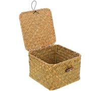 jojofuny Seagrass Woven Storage Box with Lid Square Sundries Organizer for Home and Office Natural Basket for Accessories and Small Gadgets Compact Tabletop Container