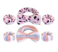jojofuny Women’S Plush Face Wash Headband and Wristband Set, 6pcs Pink Leopard and Blue-Red Stripe Spa Skincare Accessories for Makeup and Facial Cleansing