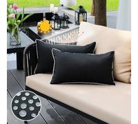JOJOGOGO Black Outdoor Waterproof Sun Fade Resistant Lumbar Pillow Covers 12x20 Set of 2, Decorative Outdoor Pillows Cushion Covers 12 x 20 for Front Porch Patio Furniture (with White Piping)