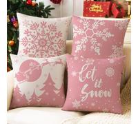 JOJOGOGO Pink Christmas Throw Pillow Covers 18x18 Snowflake Pillow Covers Let It Snow Pillows Winter Holiday Decor for Living Room