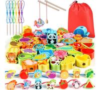 Jojoin 46 PCS Wooden Fishing Game Toy - Magnetic Fishing Game For Toddlers - Montessori Toys for 2 3 Year Old Boys Girls - Wooden Threading Toy - Preschool Educational Gifts for 3 4 Year Olds