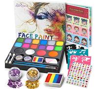 Jojoin Face Paint Set for Kids, 16 Color Face Painting Palette with 4 Large Base Color, Rainbow Cake, 94 Gems, 18 Stencils, Non-Toxic - Water Based - Halloween Carnival Makeup Kit