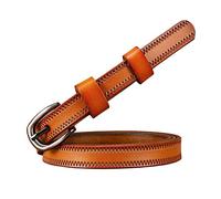 Jojomino Narrow Genuine Leather Belts for Women Pin Buckle Waist Belt Female Jeans Dress Belt Width 1.35 cm, Brown, 105cm