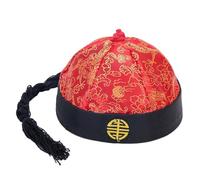 Jojomis Chinese Emperor Hat Oriental Mandarin Landlord Hat Silk Cosplay Cap with Ponytail for Fancy Dress Party- Red Black 56cm