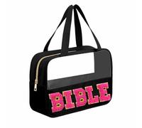 JOJOPOLLO Chenille Pink Letter Bible Bag for Study Supplies Bible Cover Case for Women, Church Bag for Bible Accessories with Handle and Zipper, Christian Gifts, Black, Clear