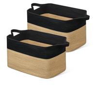 JOJOSEE Large Woven Laundry Storage Basket 55x38x30cm, Black&Jute, 2 Pack | Cotton Rope Blanket Basket for Towel Clothes Storage, Toy Storage Organiser, Rope Basket for Living Room, Nursery, Bedroom