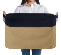 JOJOSEE Large Woven Laundry Storage Basket 55x38x30cm (Black&Jute) | Cotton Rope Blanket Basket for Towel Clothes Storage, Toy Storage Organiser, Rope Basket for Living Room, Nursery, Bedroom