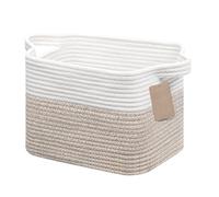 JOJOSEE Small Woven Storage Basket, Cotton Rope Basket for Shelves, Square Shelf Baskets for Home Bathroom Closet Organizer 33x25x22.5cm (White&Brown)