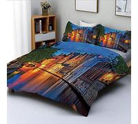 Jojun Duvet Cover Set, Night Photo of a Historic Middle Ages Building Along the River in the Old Town of Bruges, Photo-Decorative Bedding Set with 2 Pillowcases,