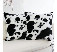 JOJUSIS Cowhide Throw Pillow Covers Farmhouse Animal Skin Soft Cozy Fleece Flurry Cushion Case Cow Pattern Faux Fur Pillowcases for Couch Bedroom Set of 2 18 x 18 Inch Black