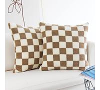 JOJUSIS Decorative Throw Pillow Covers Luxury Style Checkerboard Pattern Cushion Case Super Soft Faux Fur Wool Pillowcases for Couch Bedroom Pack of 2 (Khaki, 18 x 18-Inch)