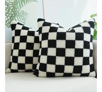 JOJUSIS Decorative Throw Pillow Covers Luxury Style Checkerboard Pattern Cushion Case Super Soft Faux Fur Wool Pillowcases for Couch Bedroom Pack of 2 (Black, 20 x 20-Inch)