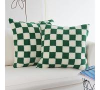 JOJUSIS Decorative Throw Pillow Covers Luxury Style Checkerboard Pattern Cushion Case Super Soft Faux Fur Wool Sherpa Pillowcases for Couch Bedroom Pack of 2 (Green, 18 x 18-Inch)