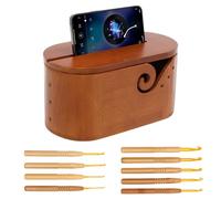 Jokapy Oval Yarn Bowl, Wooden Crochet Yarn Holder with 9pcs Knitting Hooks and Lid Large Capacity Wool Storage Bowls with Phone Holder Crochet Bowl for Crocheting and Knitting Yarns Balls Storage