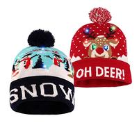 JOKBEN 2PCS LED Christmas Hats, LED Light Up Christmas Hat, Light Up Knitted Santa Hat, Light Up Xmas Hat - New Year Party Hats for Kids, Adults, Red, M