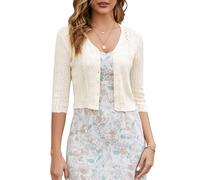 JOKELAMB Women's Bolero Shrug 3/4 Sleeve Cropped Cardigan Knit Sweaters Open Front Casual Elegant Jacket for Dresses, Apricot-035, L