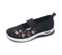 JokeLomple Women's Floral Embroidered Knitted Flat Shoes Casual Breathable Knitted Slip On Loafers National Style Soft Bottom Walking Shoe (Black, 5.5)/A