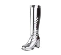JokeLomple Women's Over The Knee Boots Block Heels Full Zip Thigh High Boots (Silver, 4)/A