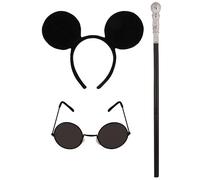 jokeshop 3 Piece Blind Mouse Set (Black Ears, Black Glasses & Cane) Adults Animal Headband Accessory Rat World Book Day Adult Fancy Dress Fairytale Three Blind Mice