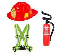jokeshop 3pc Adults Fireman Set (Red Helmet, High Yellow Vis Braces & Inflatable Fire Extinguisher) Firefighter Fire Chief Hat Unisex Fancy Dress Emergency Services