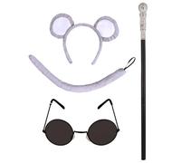 jokeshop 4 Piece Grey Blind Mouse Set (Grey Ears, Tail, Black Glasses & Cane) Adults Animal Headband Accessory Rat World Book Day Adult Fancy Dress Fairytale Three Blind Mice