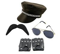 jokeshop Biker 4pc Set (Hat with Chain, Gloves, Moustache & Glasses) YMCA Village People Gay Fancy Dress Party