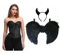 jokeshop Black Devil Corset Set - Satin/Lace Corset, Feather Wings & Horns on Headband Halloween Fancy Dress (Medium)