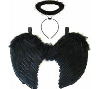 jokeshop Black Feather Wings & Halo Dark Angel Fairy Fancy Dress Gothic Halloween Cosplay Adult Costume