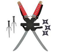 jokeshop Ninja Double Sword Backpack Set Assassin Warrior Adult Prop Weapon 8 Piece Kit Fancy Dress Accessory