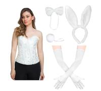 jokeshop White Rabbit Corset Set - Deluxe Satin/Lace Corset, Long Gloves & Bunny Ears, Tail and Bow Tie Set Halloween Adult Fancy Dress (Large)