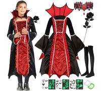 JOKILY Vampire Costume Children Girls, Queen Costume Vampire Dress Fancy Dress, Halloween Costume Children, Children's Gothic Dracula Costume, Queen Vampire Dress Halloween Carnival Theme Party