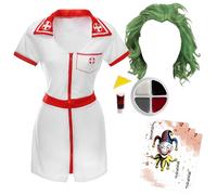 Joking Nurse Costume Set - White & Red Dress, Green Wig, Face Paint, Fake Blood & Joker Cards - Villain Fancy Dress for Adults