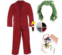 Joking Villain Costume Set - Burgundy Suit, Green Wig, Face Paint, Fake Blood & Joker Cards - Halloween Fancy Dress for Adults & Cosplay Events