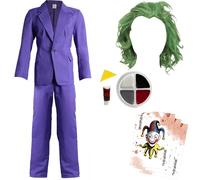 Joking Villain Fancy Dress Costume Set - Purple Suit, Green Wig, Face Paint, Fake Blood & Joker Cards - Halloween Cosplay Outfit for Adults
