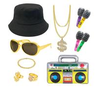 Jokureao 11PCS Hip Hop Costume Kit, 80s 90s Rapper Accessories Including Inflatable Boom Box Gold Chain Glasses Bucket Hat Microphone, Hippie Accessories, Old Style Cool Rapper Outfits for Men Women