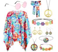 Jokureao 12 Piece 60s 70s Hippie Costume Set for Women, Flower Power Outfit with Poncho, Hippie Accessories, Hippies Outfit Women for Boho Fancy Dress, Carnival, Fancy Dress Theme Party