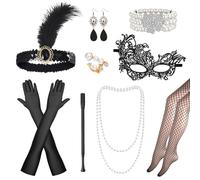 Jokureao 1920s Flapper Accessories Set for Women, Roaring 20s Accessories with Headband, Pearl Necklace, Earrings, Gloves, Lace Mask & Fishnet Stockings for Retro Great Gatsby Party