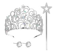 Jokureao 3Pcs Crystal Crown Tiara Set for Women, Silver Princess Headpiece with Star Wand and Stud Earrings, Elegant Birthday Wedding Fancy Dress Costume Accessories