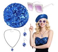 Jokureao 4Pcs Disco Accessories Set for Women, Women Disco Accessories with Sequin Hat, Bling Sunglasses, Earrings & Necklace, 70s Abba Costume, Glitter Party Outfit, Theme Dance Gift