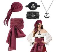 Jokureao 5Pcs Medieval Pirate Costume Accessory Set, Pirate Costume Accessories with Pirates Bandana and Sash Belt, Eye Patch Necklace Bracelet, Pirates Fancy Dress Accessories for Halloween Cosplay