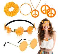 Jokureao 60s 70s Hippie Costume Accessories Set for Women, 7Pcs Boho Fancy Dress Kit with Headband, Sunglasses, Peace Sign Necklace, Earrings, Bracelet & Hair Tie, for Girls Hippie Party Supplies