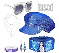 Jokureao 7 Pcs 70s Disco Accessories Set for Women, 70s Costume Accessory Outfits with Sequin Hat Belt Sunglasses Pendant, Retro Disco Costume Kit for Theme Party Halloween Festival Stage