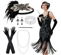 Jokureao 8PCS 1920s Accessories for Women Flapper Accessories with Gatsby hairband Long Black Gloves Pearl Necklace Bracelet Earrings and Handheld Prop Roaring 20s Fancy Dress Accessory Adult