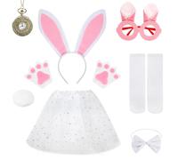 Jokureao 9Pcs Kids Bunny Costume Set, Pink Rabbit Dress Up Outfit, Animal Costume Set with Accessories with Bunny Ears Headband, Tutu Skirt, Tail for Girls Easter Carnival World Book Day