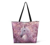 Jolamirel Shoulder Tote Bag for Women Foldable Hobo Handbag, Abstract Painting Art Eco Shopping Bag Tote Grocery Bags, Horse Cherry Blossom, One Size