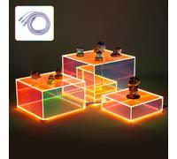 Jolboldy 3Pcs Iridescent Acrylic Display Risers with LED light Plug and Play, Lighted Stackable Acrylic Cube Boxes Stand with Hollow Bottom for Figures Jewelry Perfume Purse Liquor Food Buffet Riser